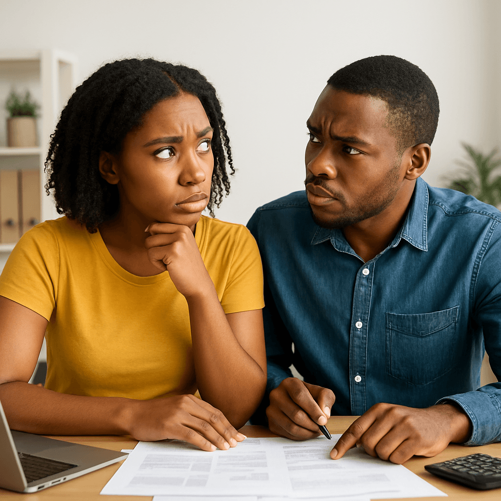 How to Become a Vendor in Nigeria questioning faces couple is looking at each other while sitting behind the table full of papers