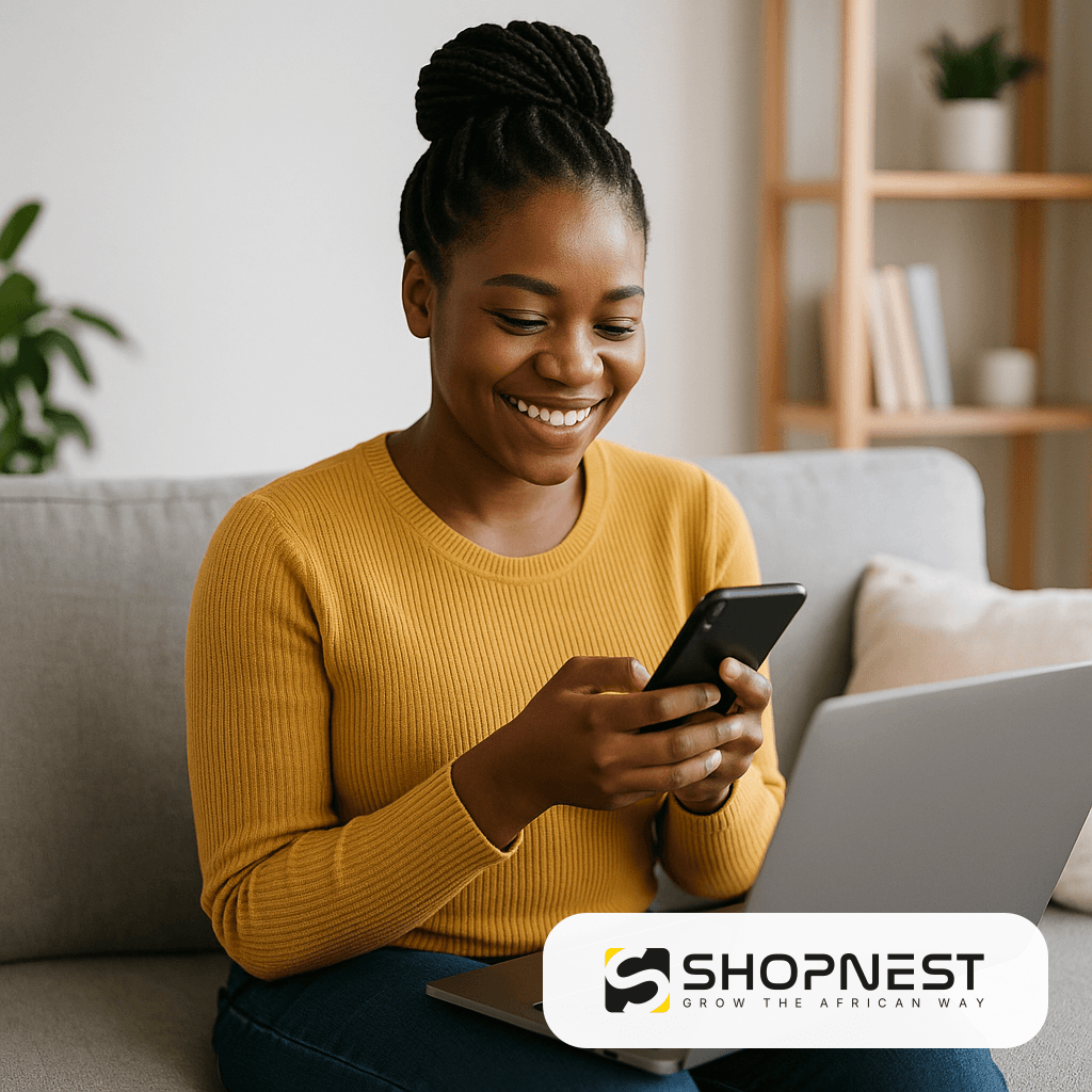 A Nigerian woman sits among packed parcels in her shop, typing a repeat order confirmation into WhatsApp on her phone while more messages pile up.