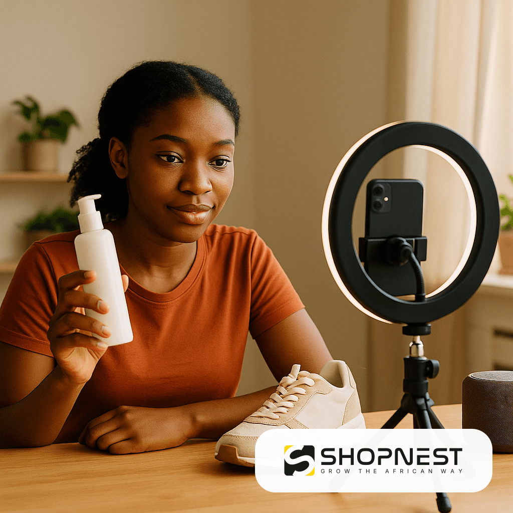 A Nigerian content creator filming a product review on a smartphone in a bright home studio
