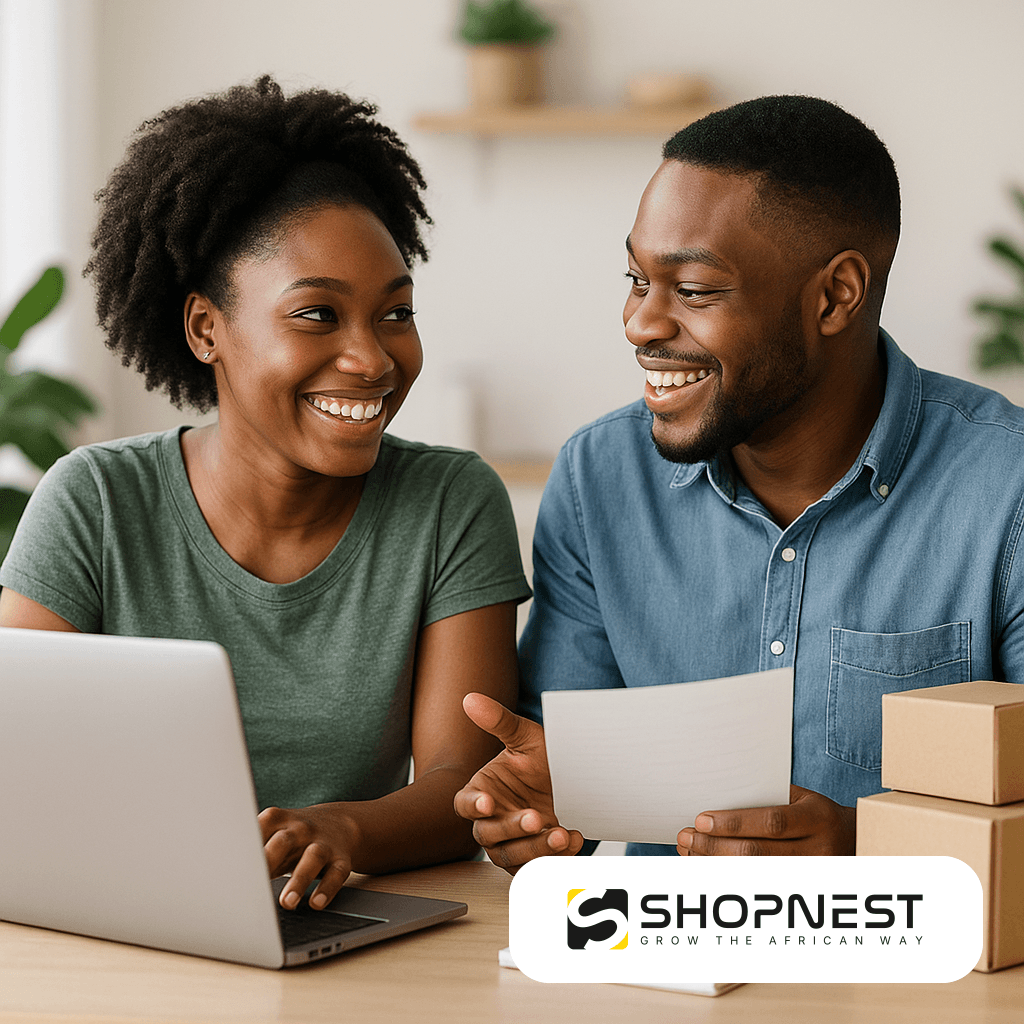 Learn how to start dropshipping in Nigeria with no capital — pick products, find suppliers, set up a free store. present couple of yuppies discussing happily about business opportu