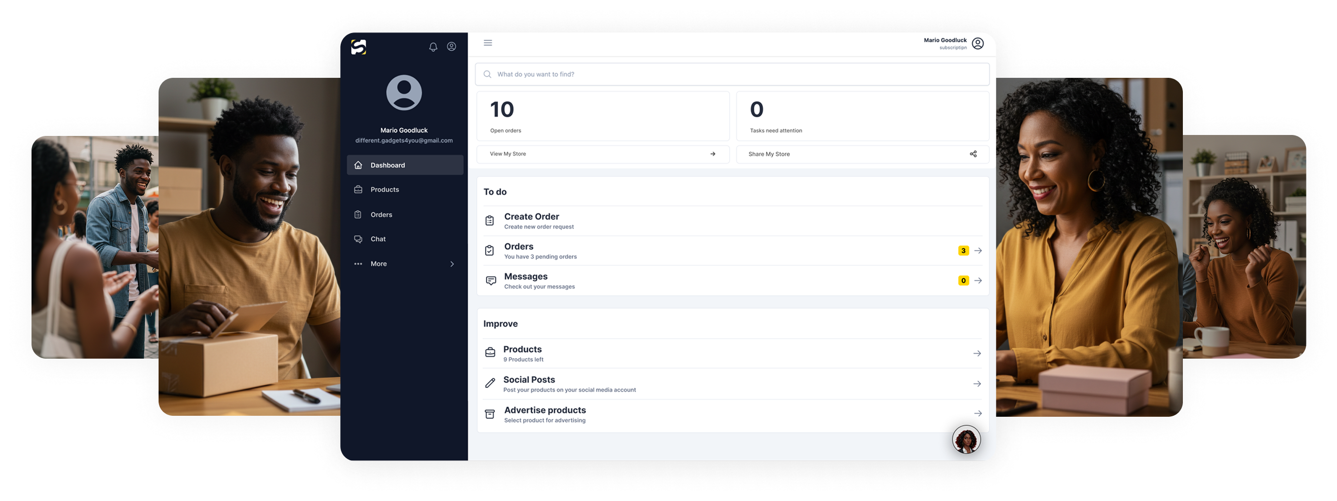 The Shopnest seller dashboard shown on desktop and mobile